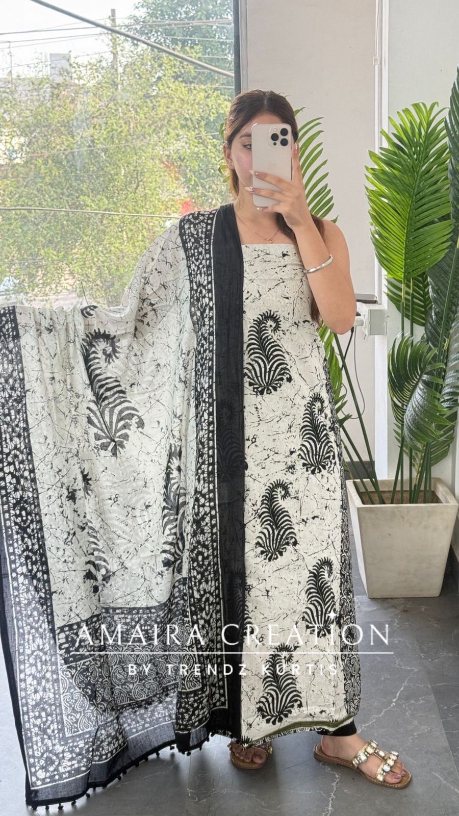Premium Cotton Cream Black Colour Unstitched With Green Contrast Bottom