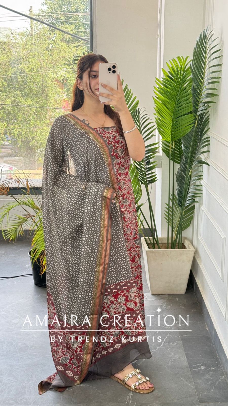 Premium Cotton Maroon Grey colour Unstitched suit