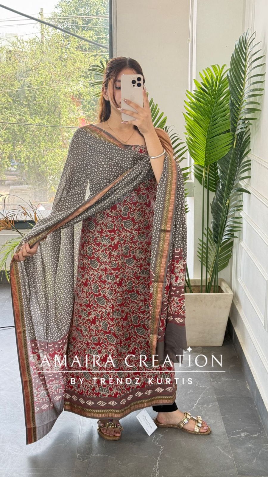 Premium Cotton Maroon Grey colour Unstitched suit