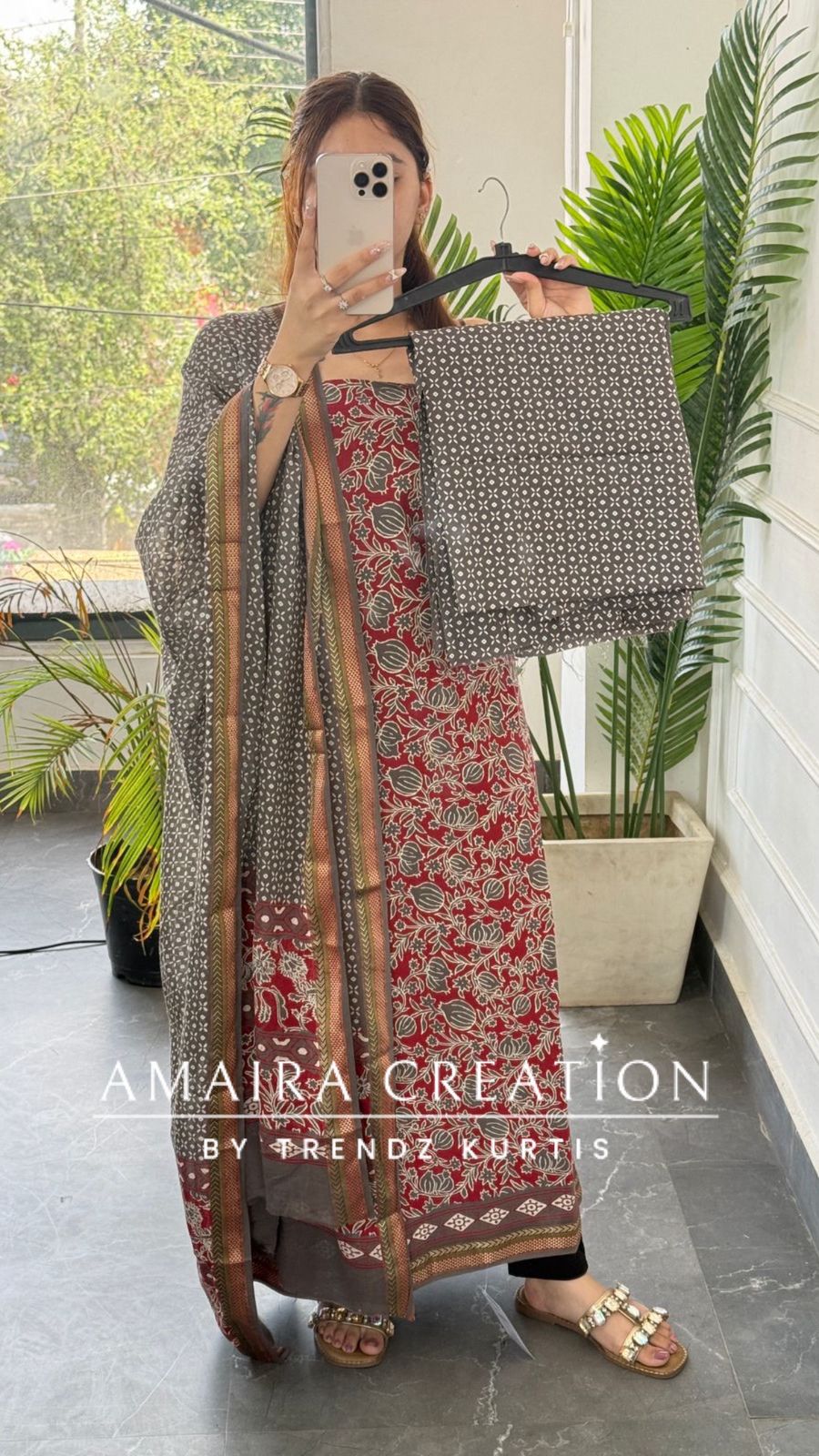 Premium Cotton Maroon Grey colour Unstitched suit