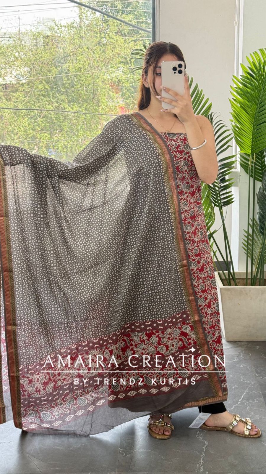 Premium Cotton Maroon Grey colour Unstitched suit