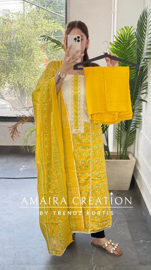 Premium Cotton yellow Colour Unstitched Suit