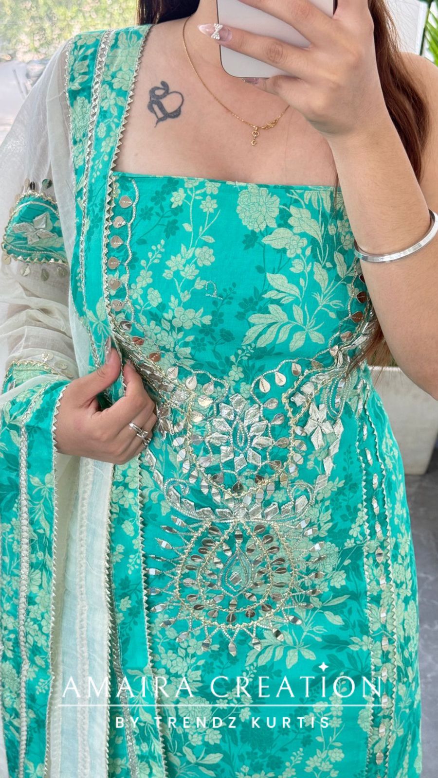 Premium Cotton Sea Green Colour Gotta Paati & Mirror Work Unstitched Suit With Beautiful Patch Work Dupatta