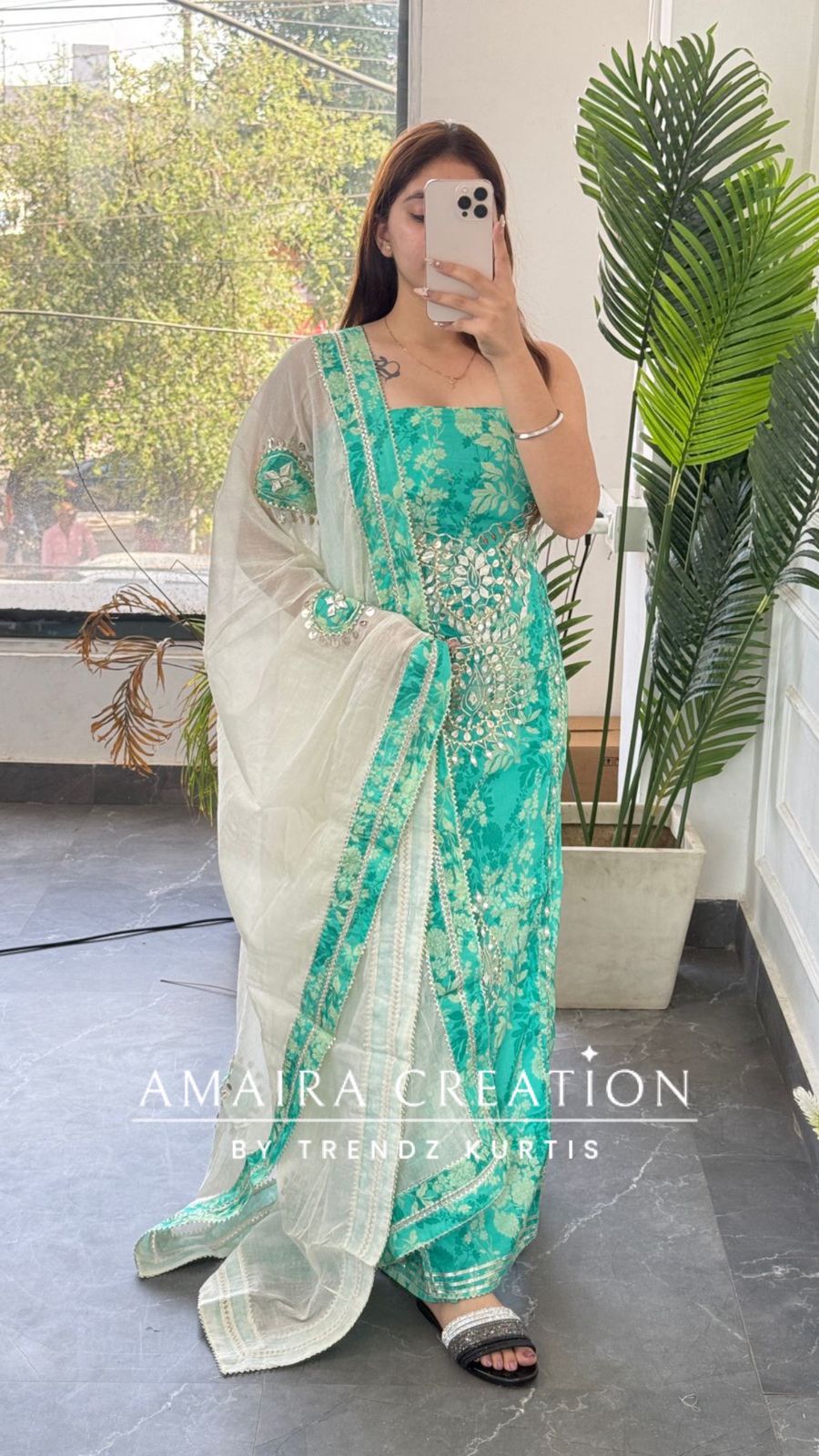 Premium Cotton Sea Green Colour Gotta Paati & Mirror Work Unstitched Suit With Beautiful Patch Work Dupatta