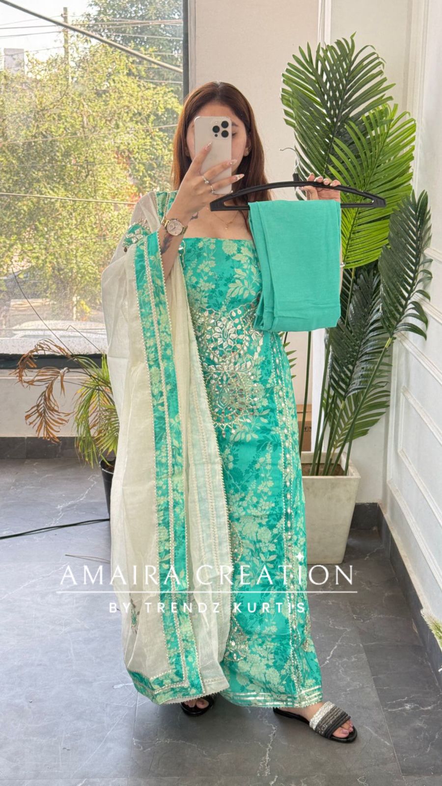 Premium Cotton Sea Green Colour Gotta Paati & Mirror Work Unstitched Suit With Beautiful Patch Work Dupatta