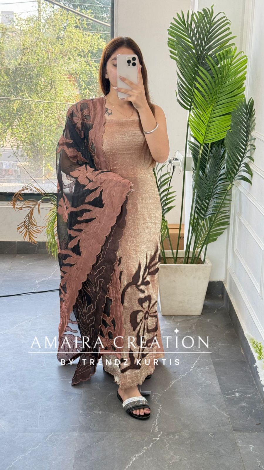 Premium Fendy fabric golden brown colour Unstitched Suit With Cut Work  Organza Dupatta