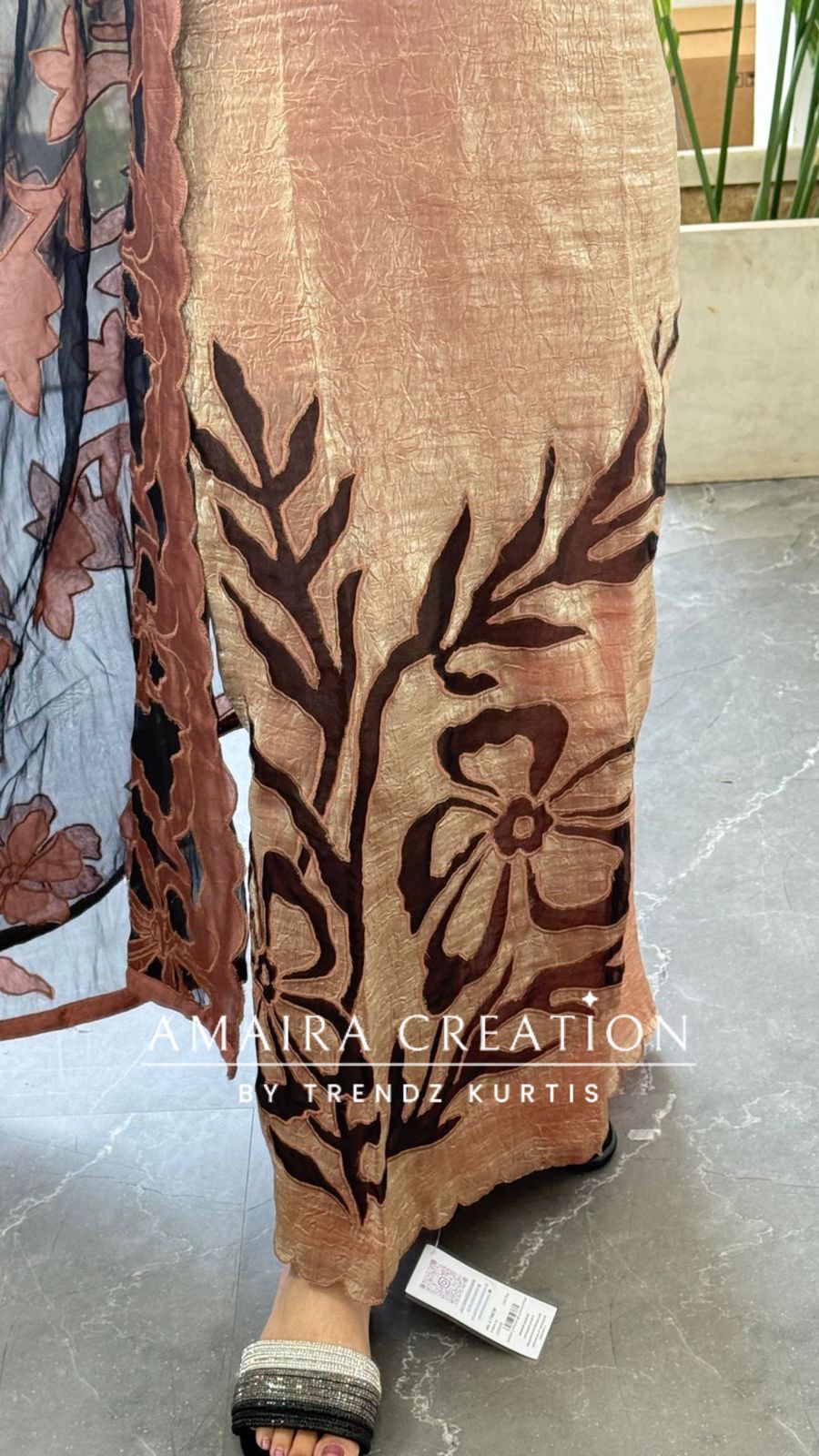 Premium Fendy fabric golden brown colour Unstitched Suit With Cut Work  Organza Dupatta