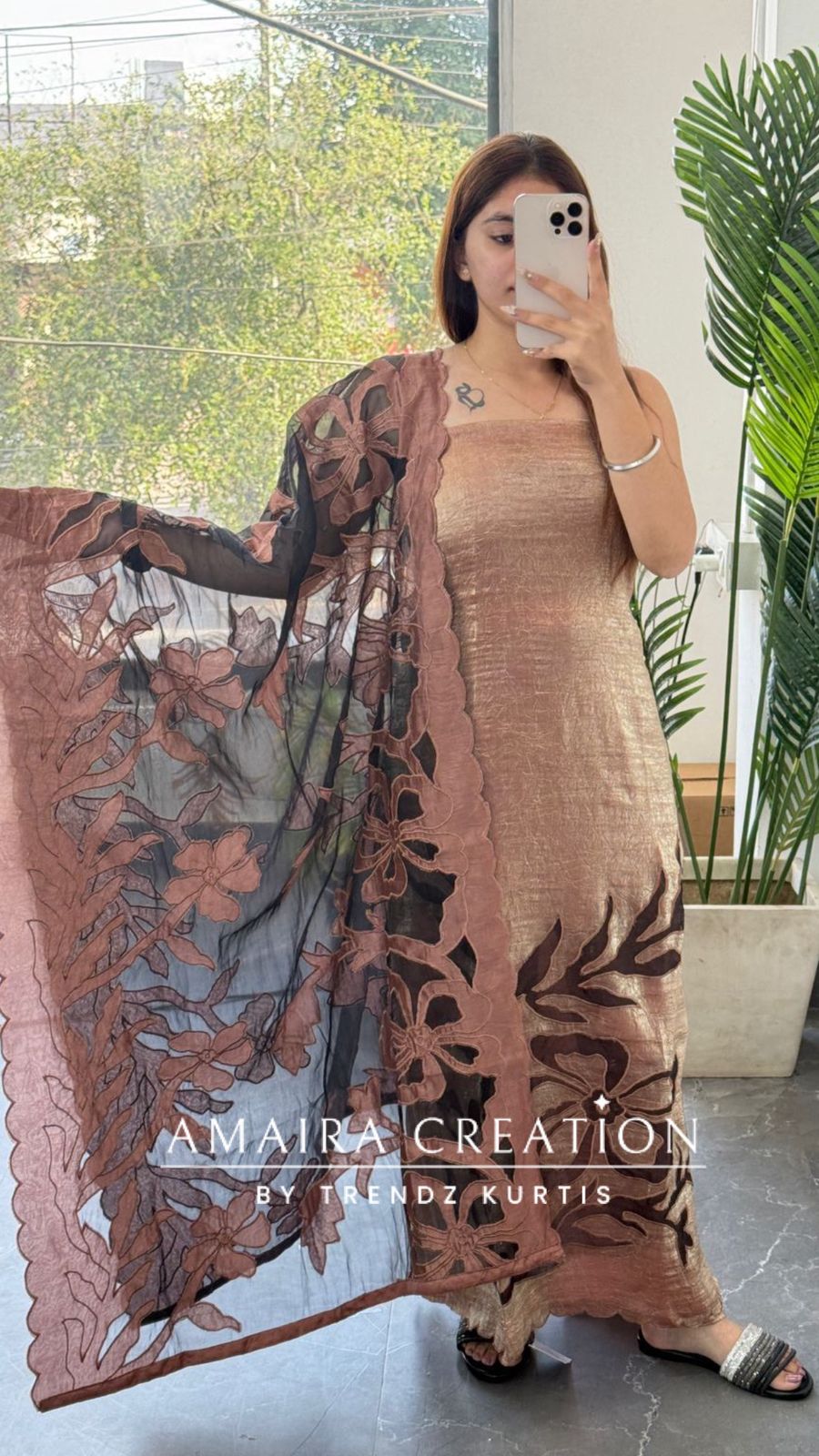 Premium Fendy fabric golden brown colour Unstitched Suit With Cut Work  Organza Dupatta