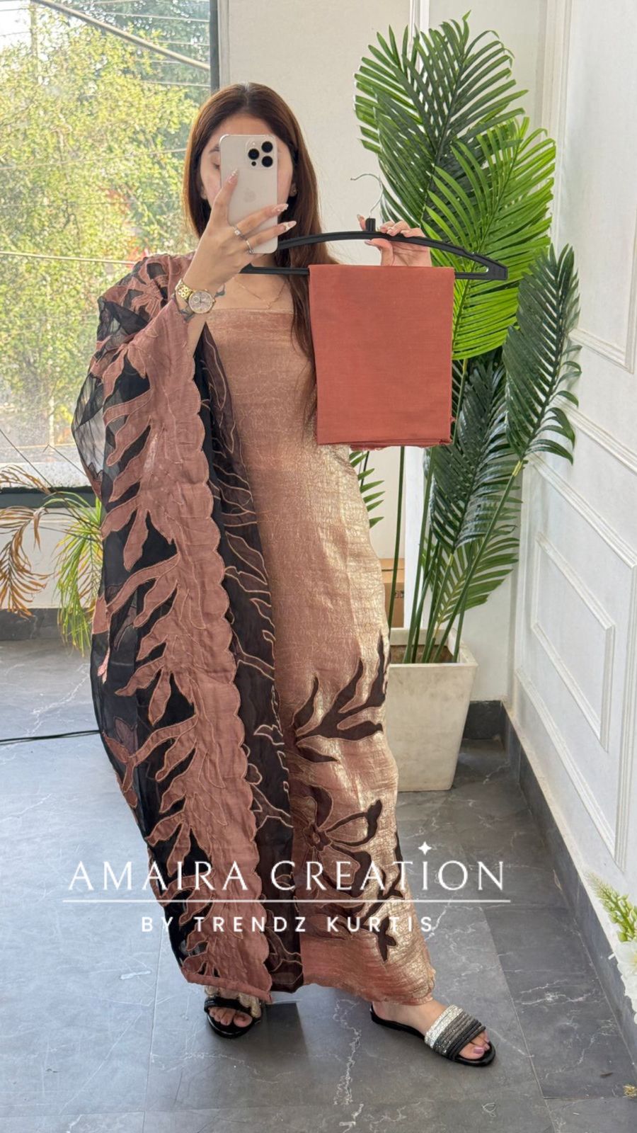 Premium Fendy fabric golden brown colour Unstitched Suit With Cut Work  Organza Dupatta
