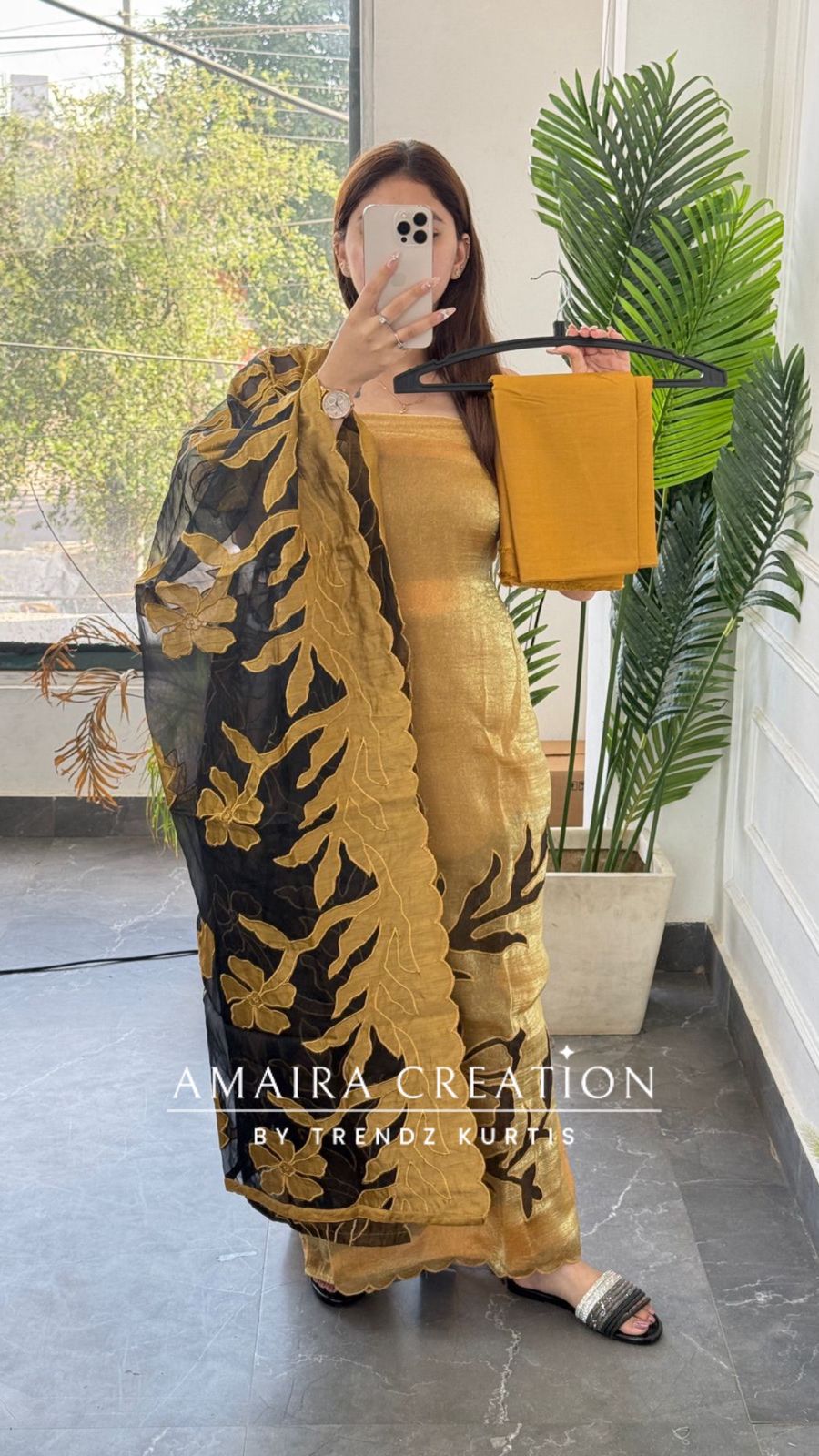 Premium Fendy fabric Golden Yellow colour Unstitched Suit With Cut Work Organza Dupatta