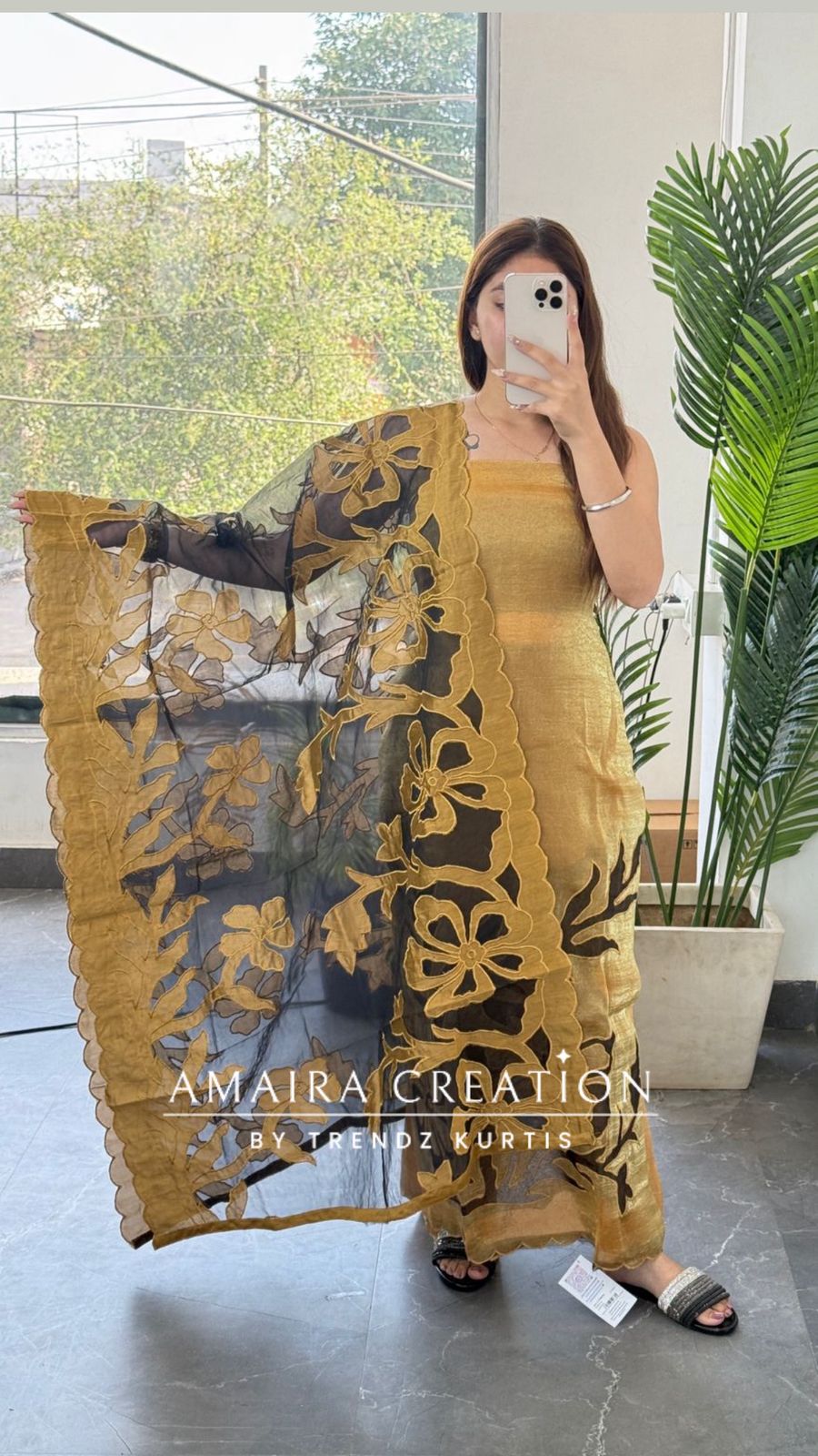 Premium Fendy fabric Golden Yellow colour Unstitched Suit With Cut Work Organza Dupatta