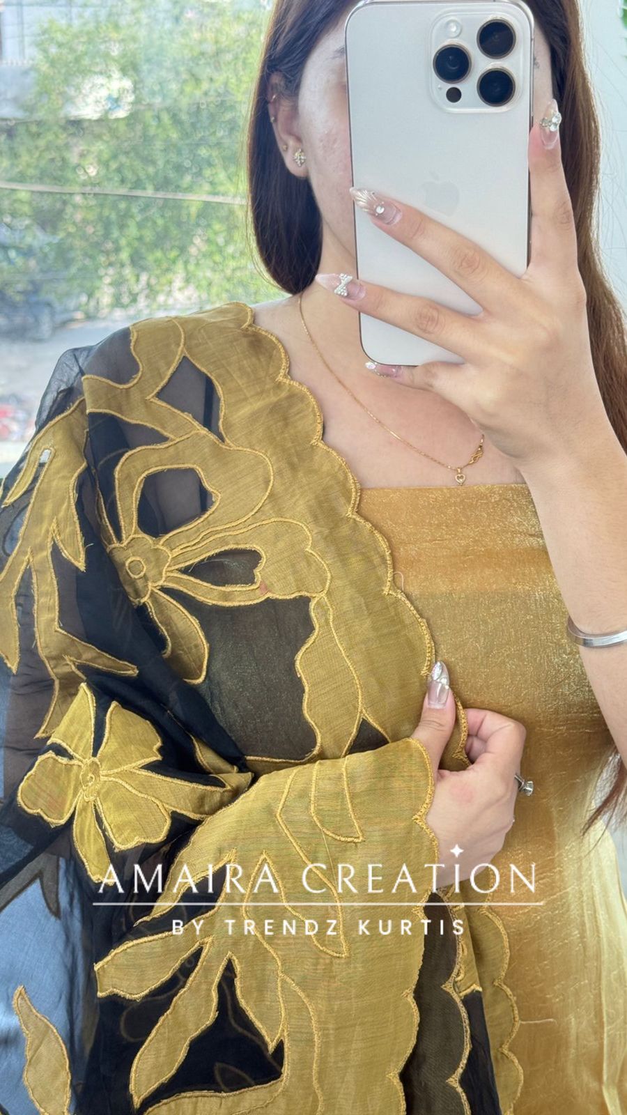 Premium Fendy fabric Golden Yellow colour Unstitched Suit With Cut Work Organza Dupatta