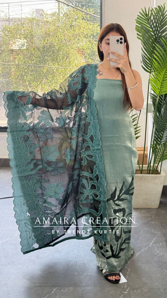 Premium Fendy fabric Mint Green colour Unstitched Suit With Cut Work Organza Dupatta