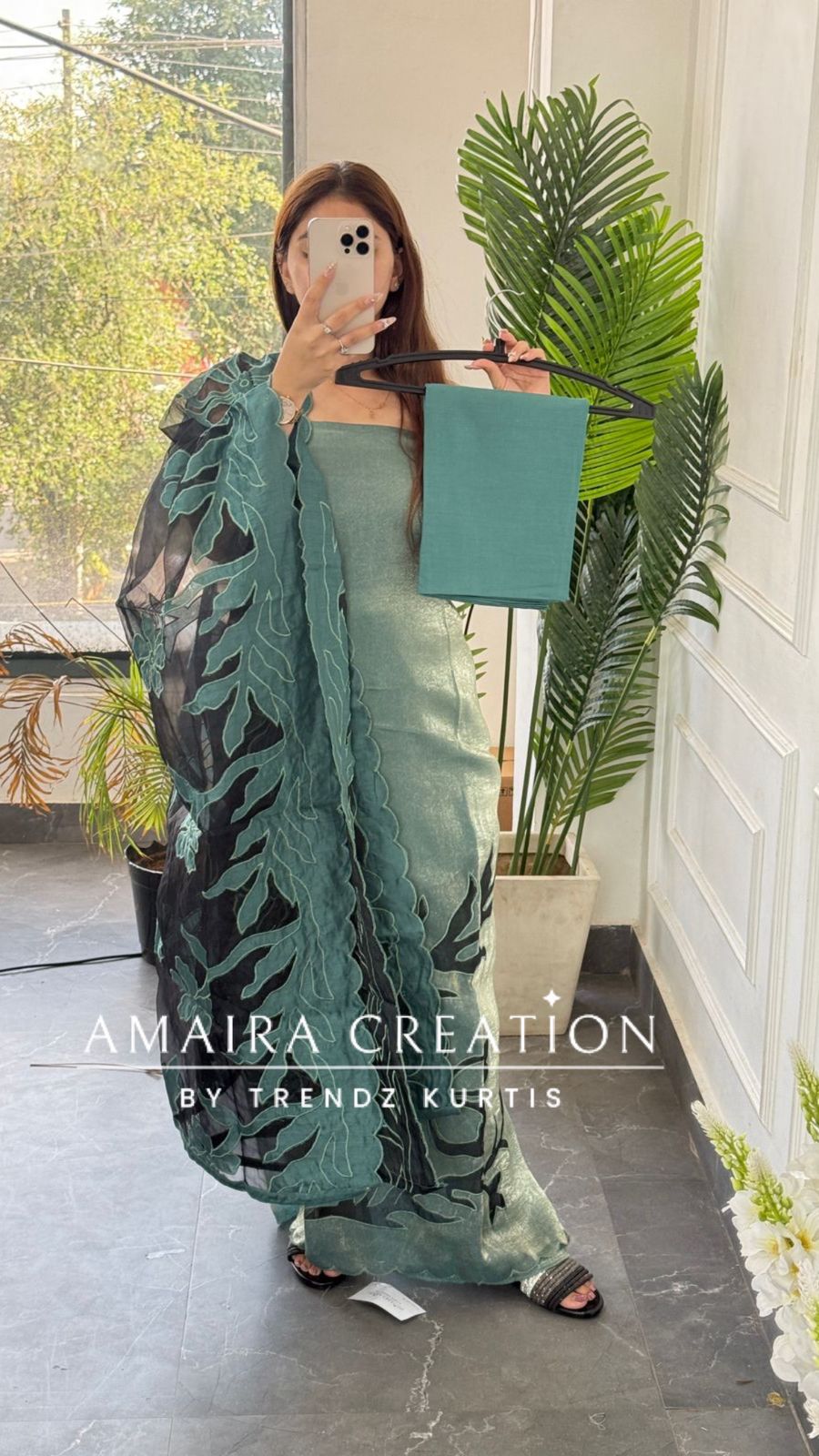 Premium Fendy fabric Mint Green colour Unstitched Suit With Cut Work Organza Dupatta