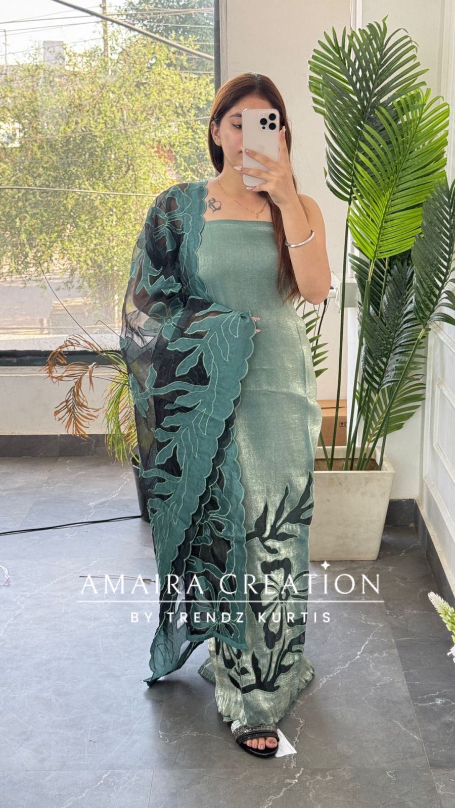 Premium Fendy fabric Mint Green colour Unstitched Suit With Cut Work Organza Dupatta