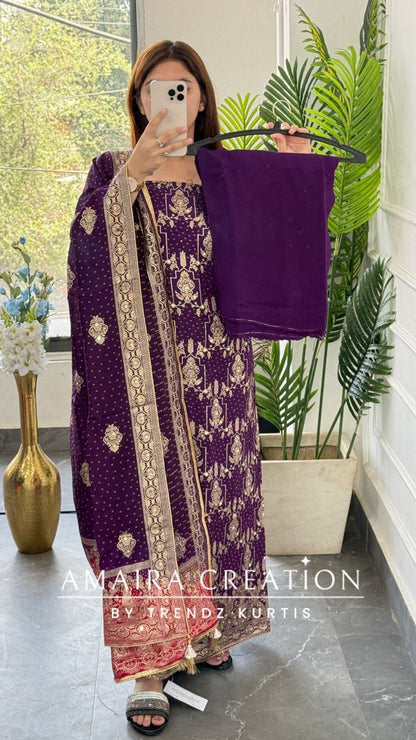 Premium Purple Banarasi Silk Unstitched Suit With Dual Shade Banarasi Dupatta