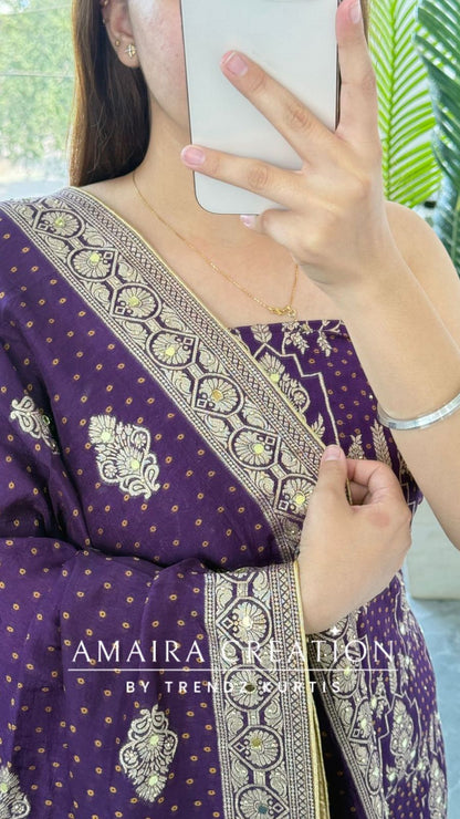 Premium Purple Banarasi Silk Unstitched Suit With Dual Shade Banarasi Dupatta