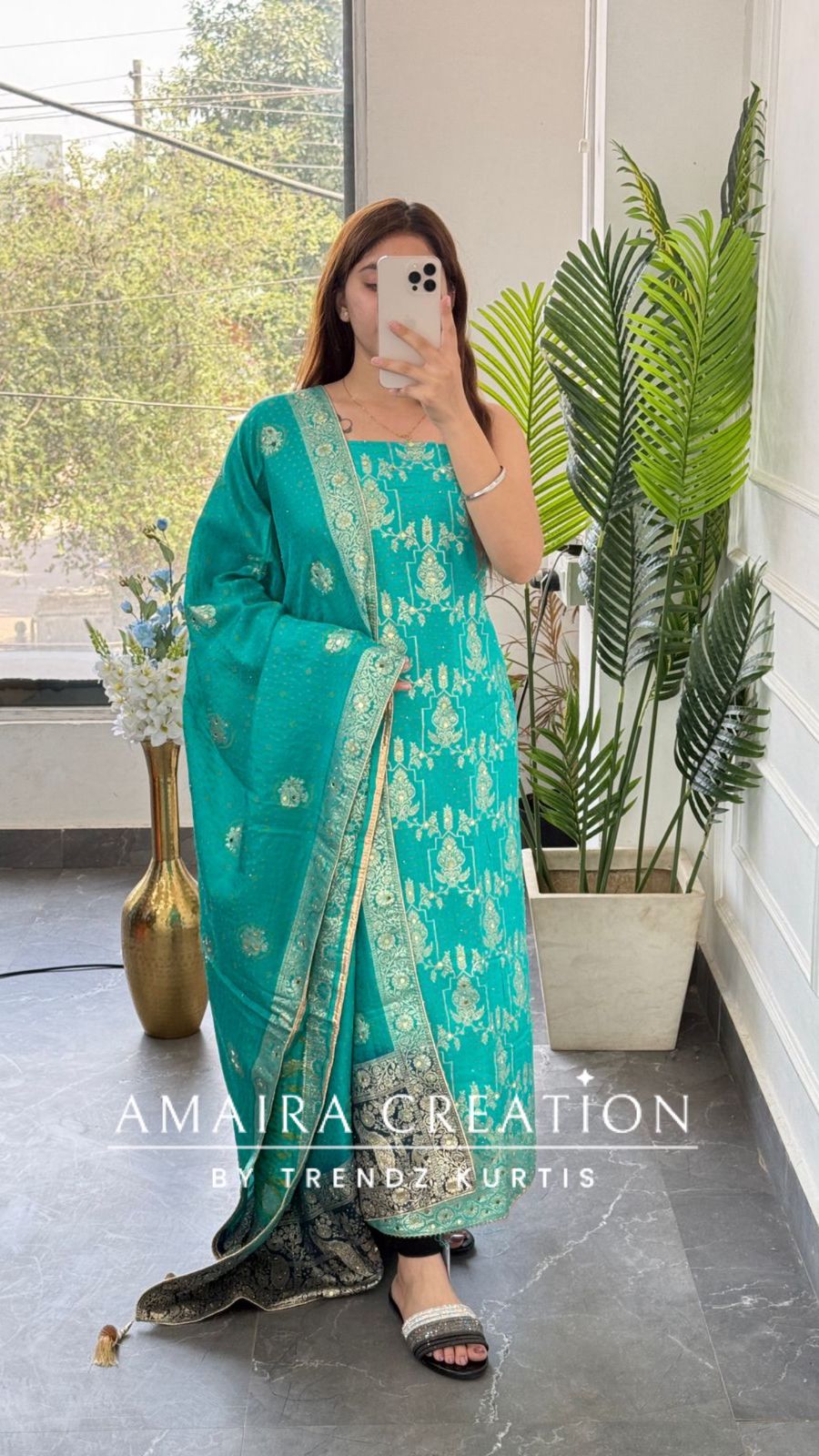 Premium Firozi Banarasi Silk Unstitched Suit With Dual Shade Banarasi Dupatta