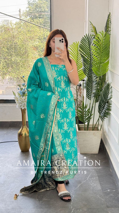 Premium Firozi Banarasi Silk Unstitched Suit With Dual Shade Banarasi Dupatta