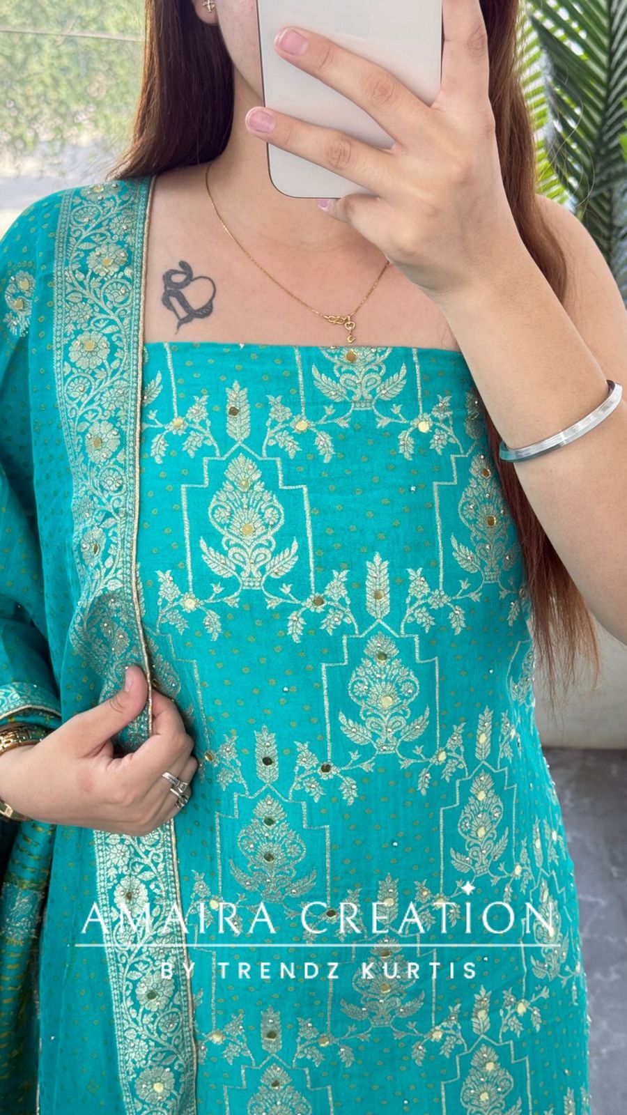 Premium Firozi Banarasi Silk Unstitched Suit With Dual Shade Banarasi Dupatta