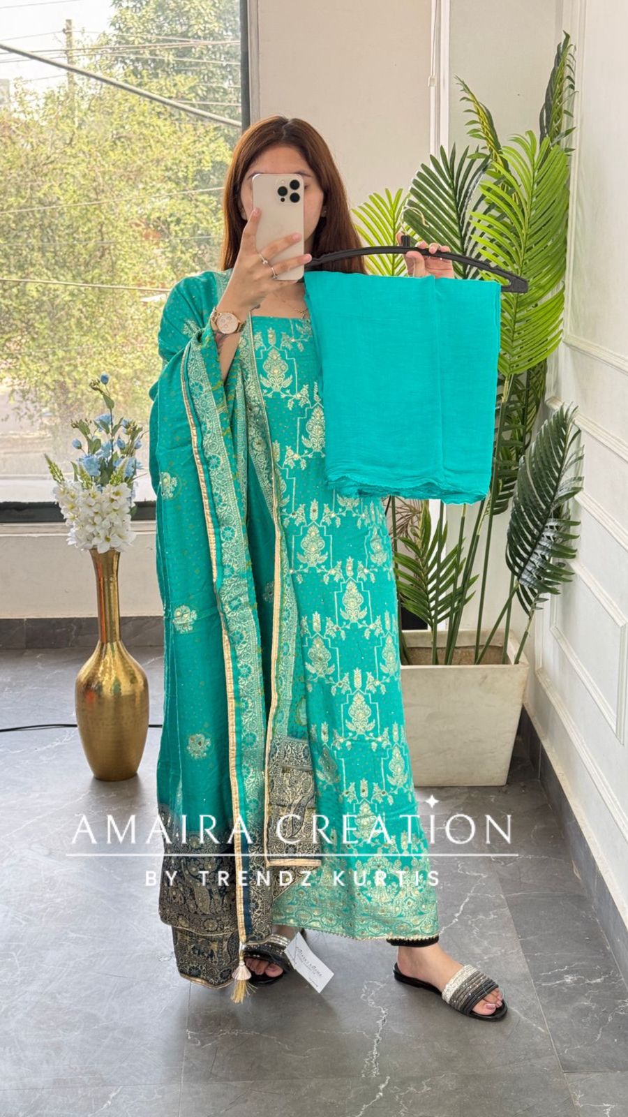 Premium Firozi Banarasi Silk Unstitched Suit With Dual Shade Banarasi Dupatta