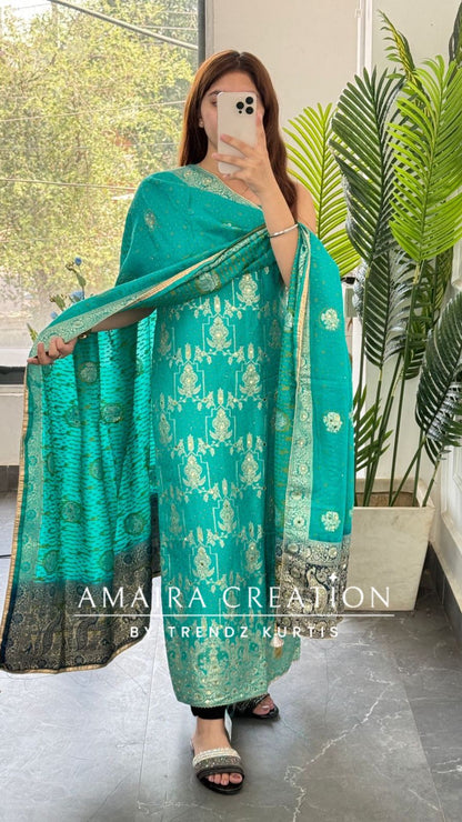 Premium Firozi Banarasi Silk Unstitched Suit With Dual Shade Banarasi Dupatta