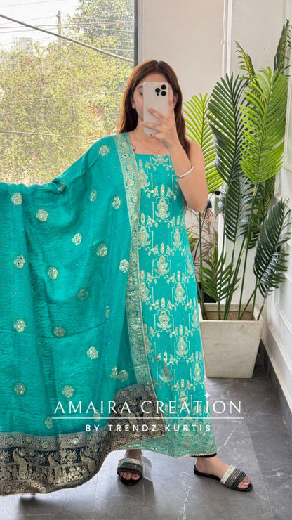 Premium Firozi Banarasi Silk Unstitched Suit With Dual Shade Banarasi Dupatta