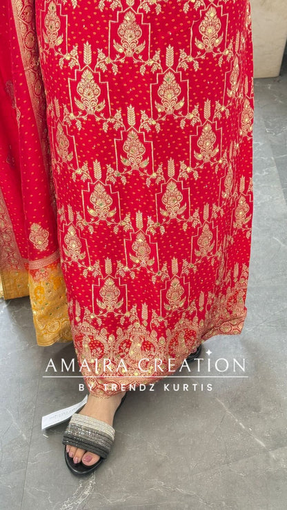 Premium Red Banarasi Silk Unstitched Suit With Dual Shade Banarasi Dupatta