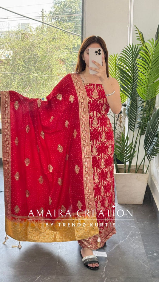 Premium Red Banarasi Silk Unstitched Suit With Dual Shade Banarasi Dupatta