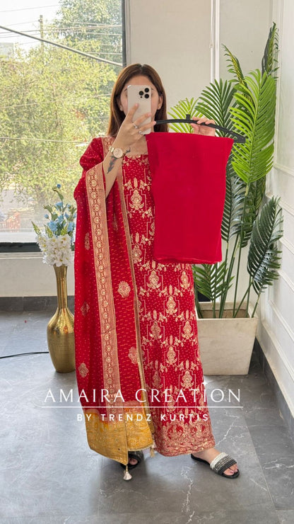 Premium Red Banarasi Silk Unstitched Suit With Dual Shade Banarasi Dupatta