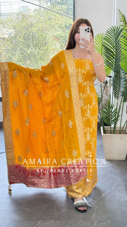 Premium Yellow Banarasi Silk Unstitched Suit With Dual Shade Banarasi Dupatta