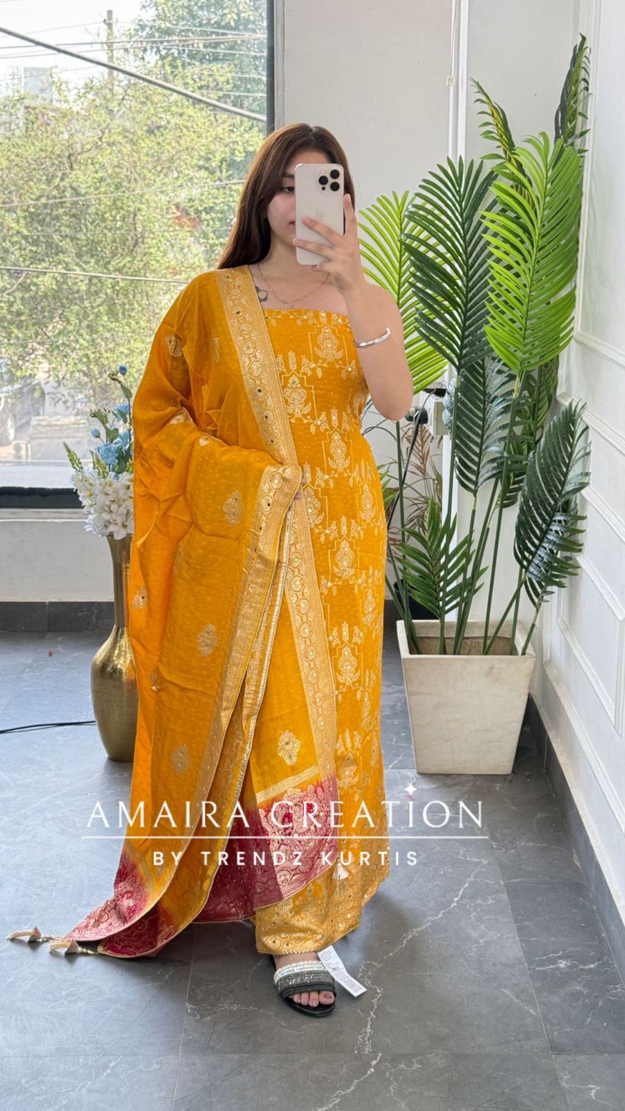Premium Yellow Banarasi Silk Unstitched Suit With Dual Shade Banarasi Dupatta
