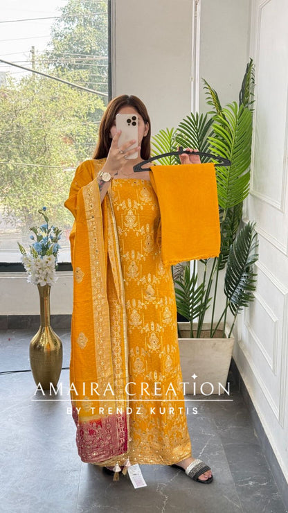 Premium Yellow Banarasi Silk Unstitched Suit With Dual Shade Banarasi Dupatta