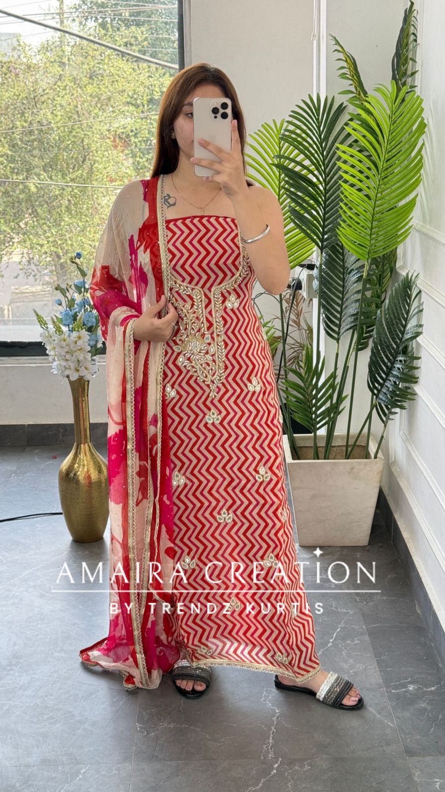 Premium Oragnaza Red Colour Lehriya Print Unstitched Suit With Beautiful Chiffon Dupatta