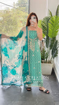 Premium Oragnaza Firozi Colour Lehriya Print Unstitched Suit With Beautiful Chiffon Dupatta
