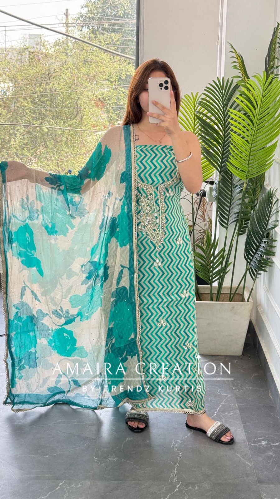 Premium Oragnaza Firozi Colour Lehriya Print Unstitched Suit With Beautiful Chiffon Dupatta