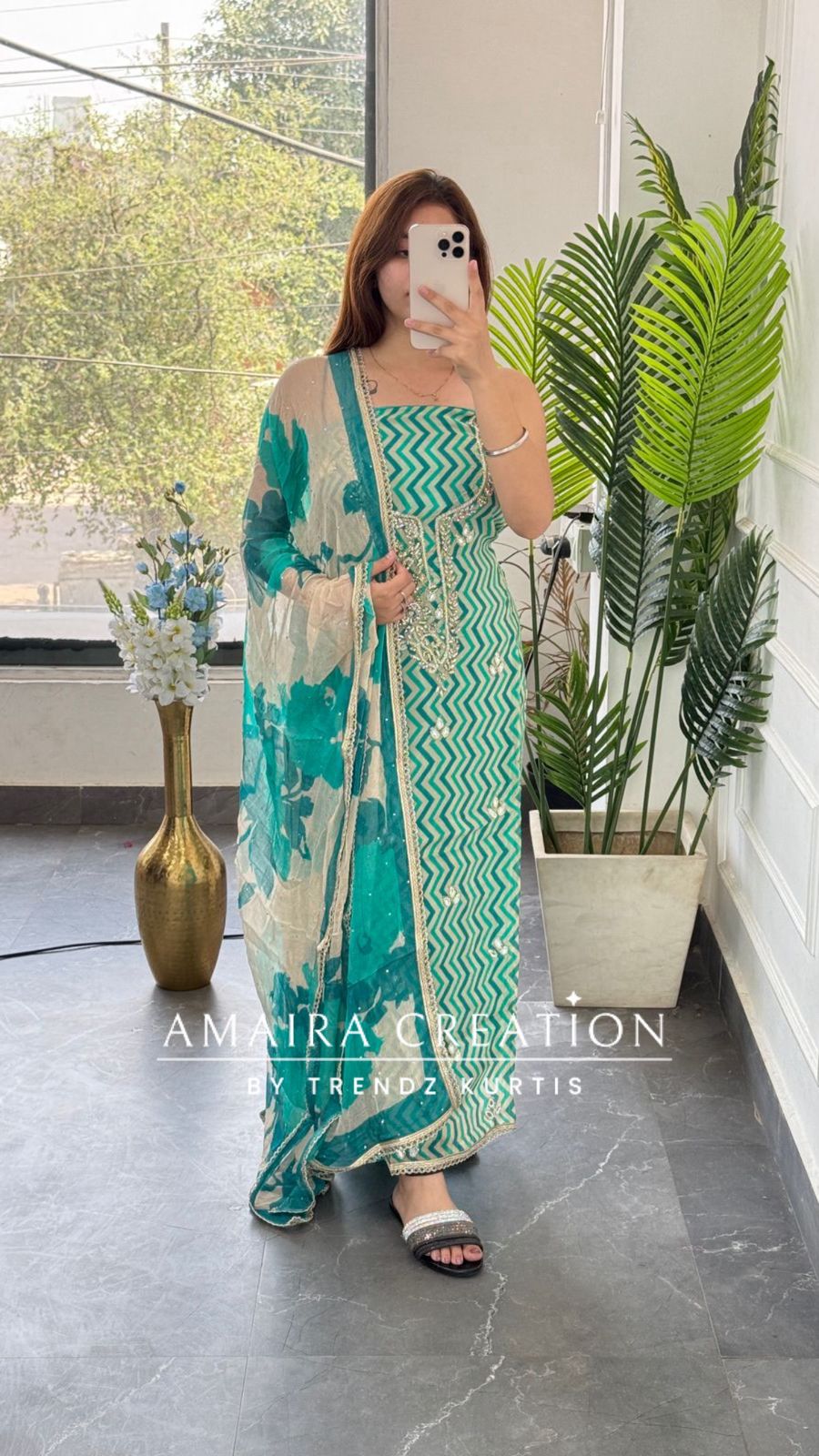 Premium Oragnaza Firozi Colour Lehriya Print Unstitched Suit With Beautiful Chiffon Dupatta