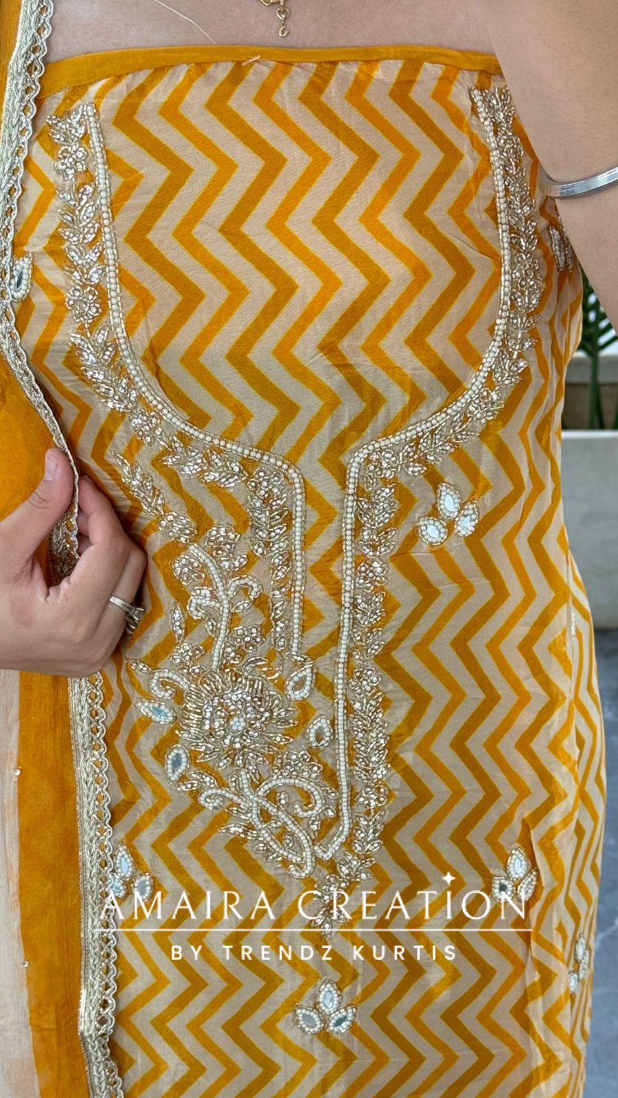 Premium Oragnaza  Yellow Colour Lehriya Print Unstitched Suit With Beautiful Chiffon Dupatta
