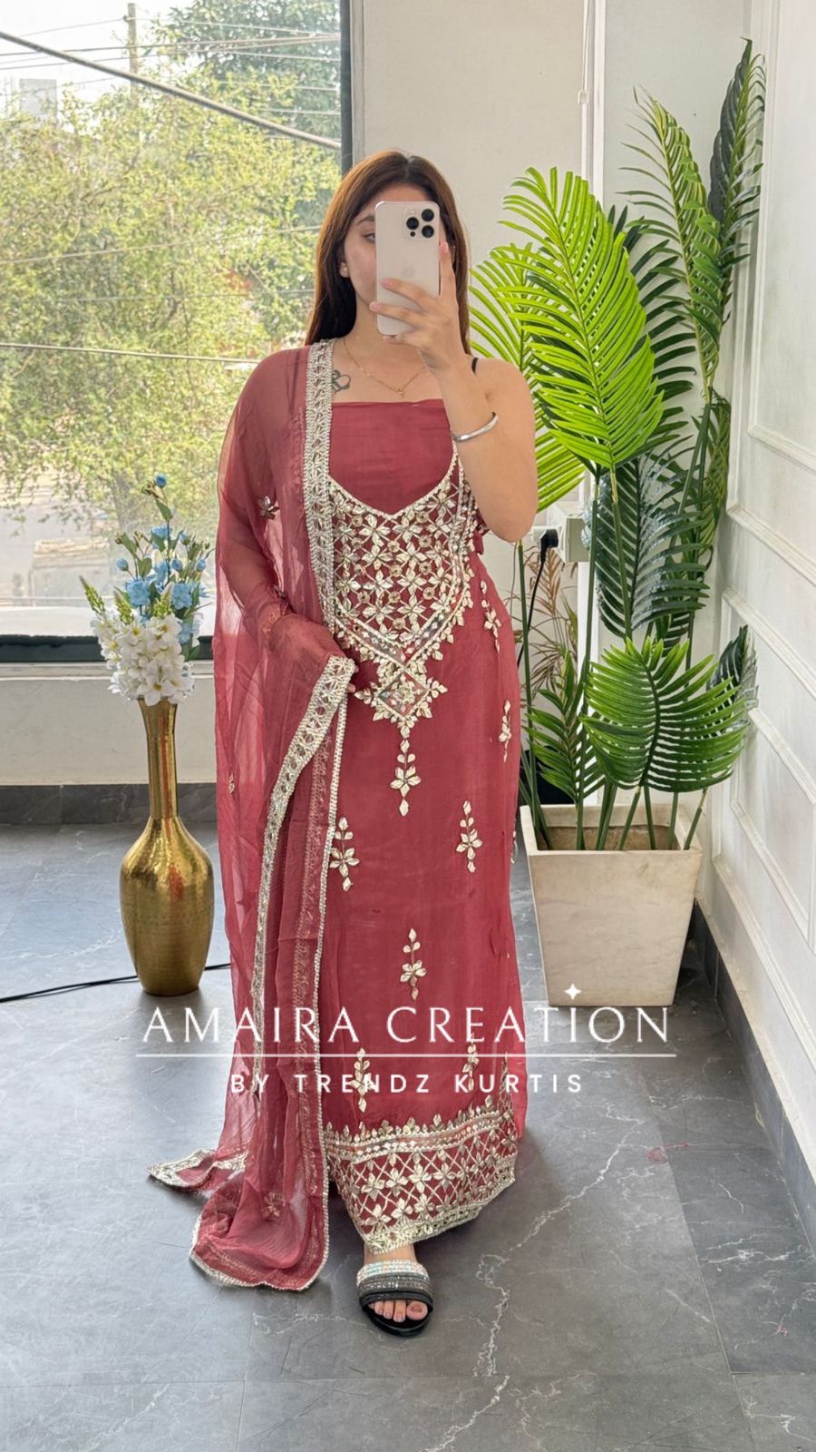 Premium Organza Dark Peach Colour Unstitched Suit With Chiffon Dupatta