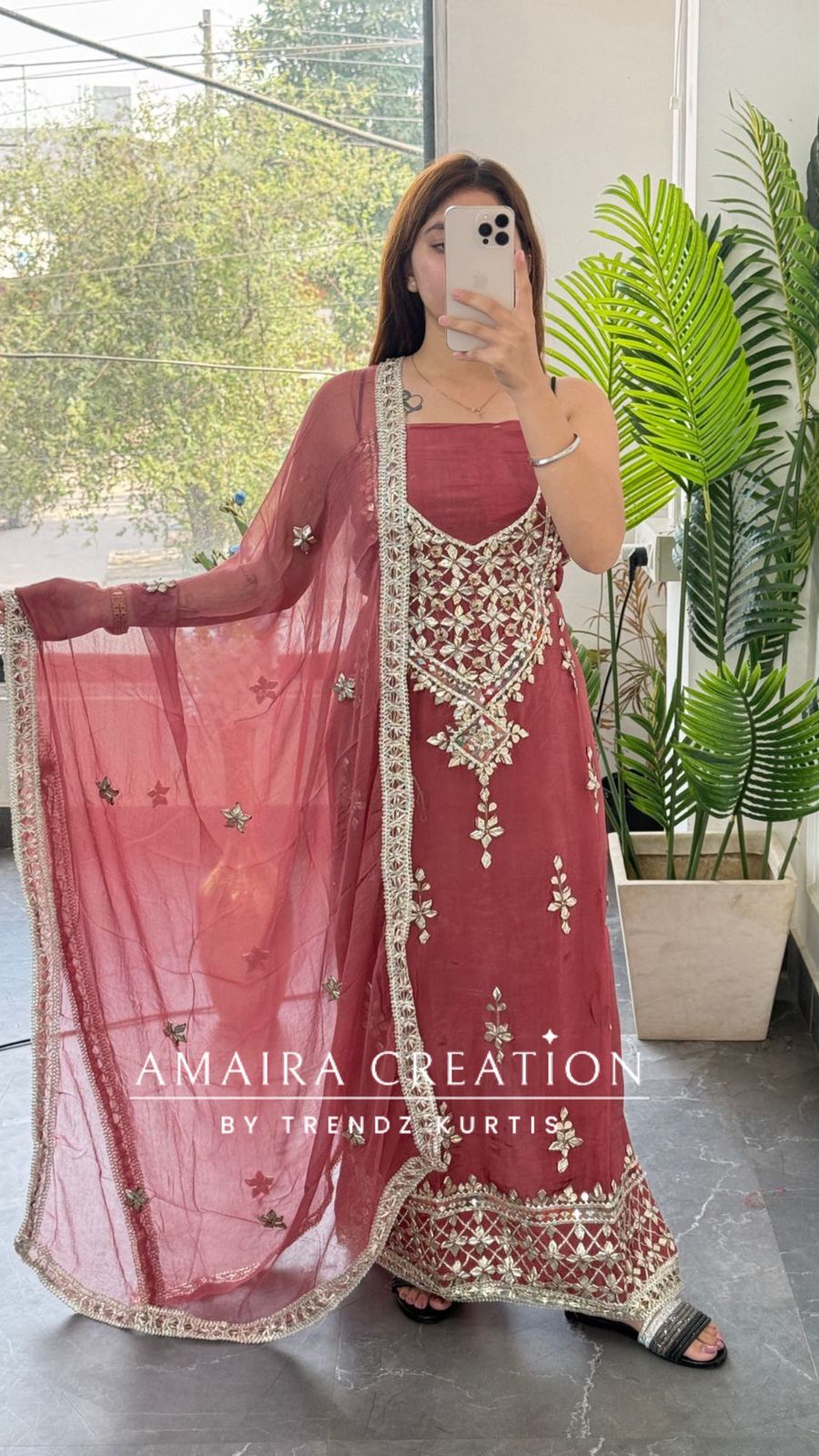 Premium Organza Dark Peach Colour Unstitched Suit With Chiffon Dupatta