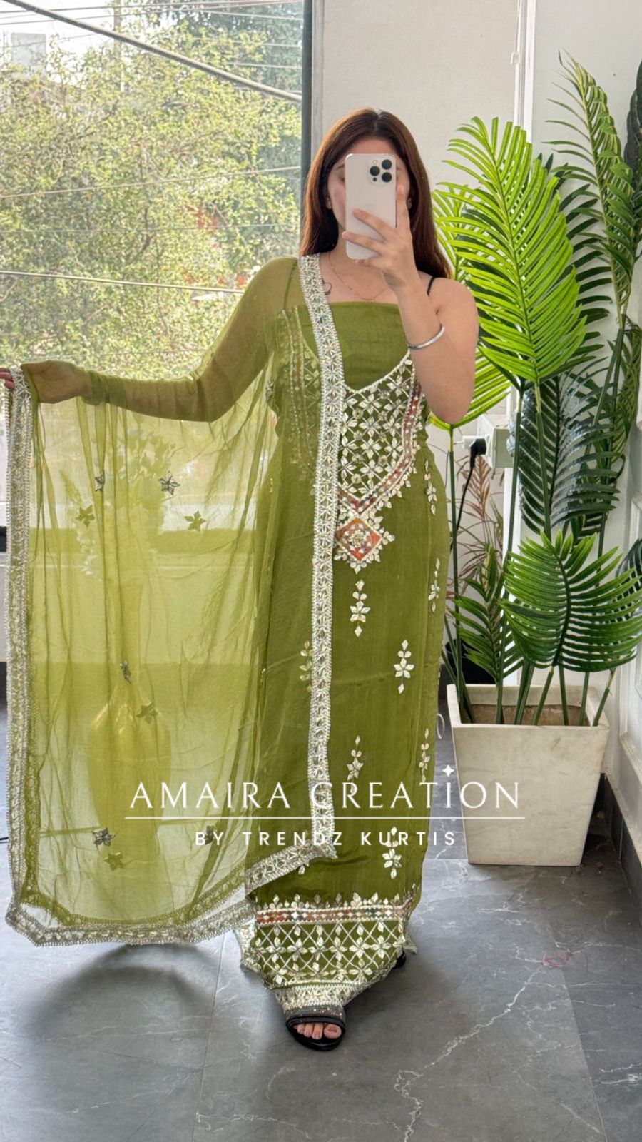 Premium Organza Green Colour Unstitched Suit With Chiffon Dupatta