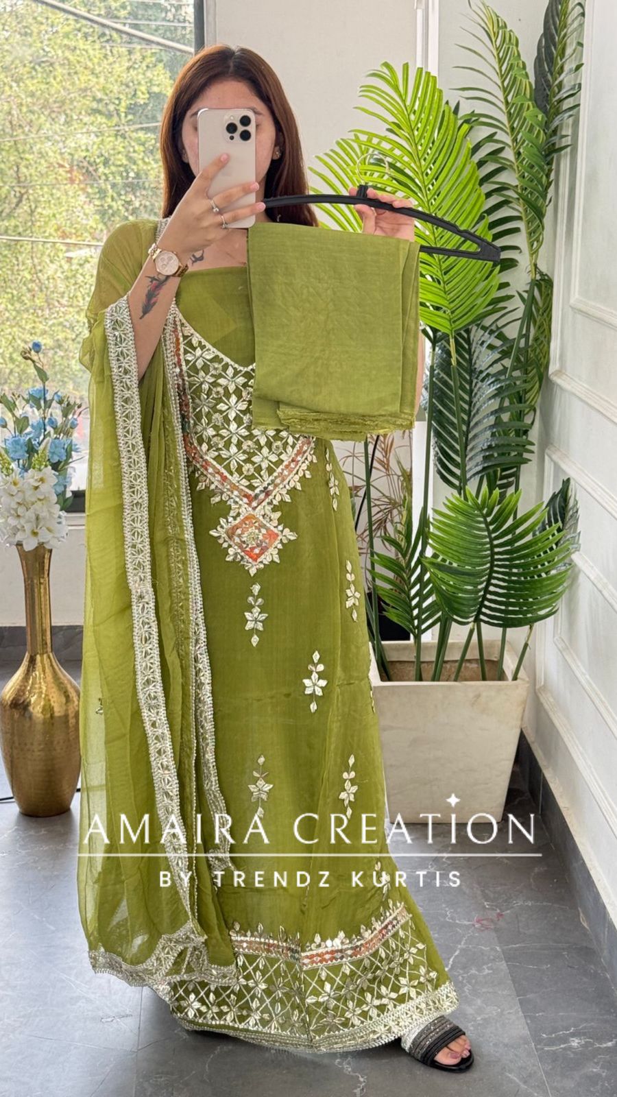 Premium Organza Green Colour Unstitched Suit With Chiffon Dupatta