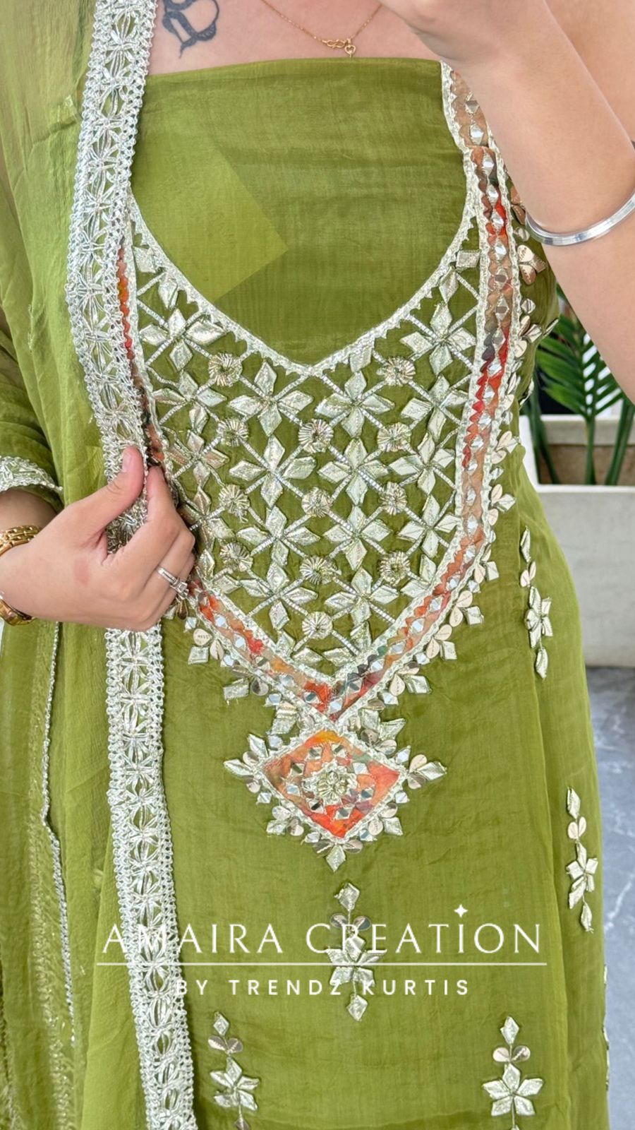 Premium Organza Green Colour Unstitched Suit With Chiffon Dupatta