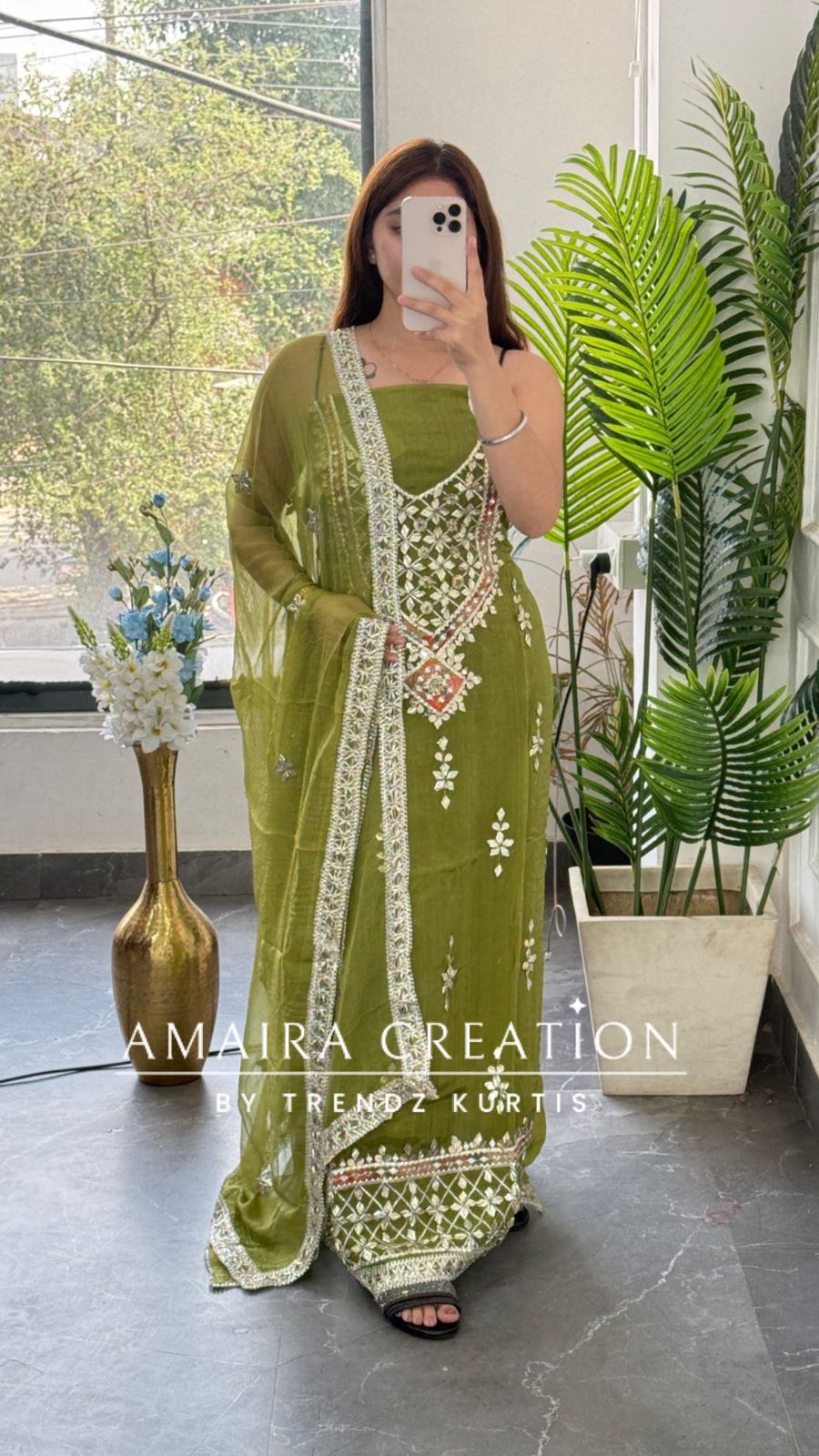Premium Organza Green Colour Unstitched Suit With Chiffon Dupatta