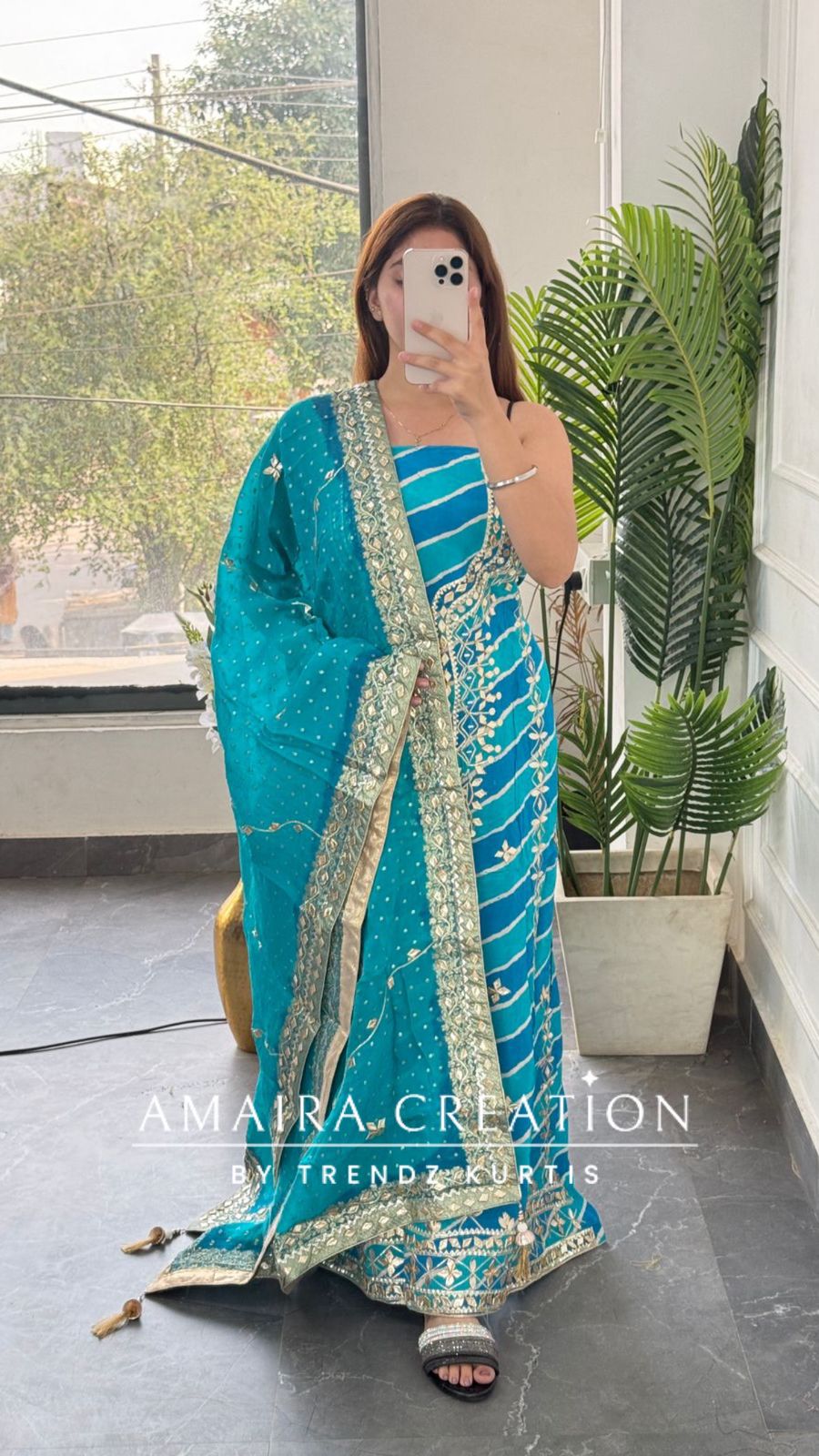 Premium Crepe Firozi Colour Lehriya Pattern Gotta Patti Work Unstitched Suit With Beautiful Silk Dupatta