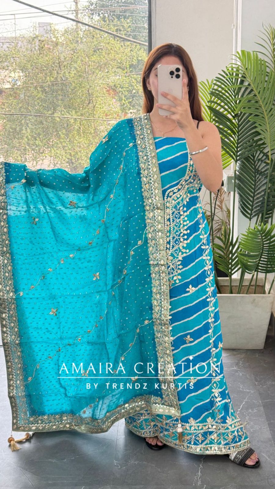 Premium Crepe Firozi Colour Lehriya Pattern Gotta Patti Work Unstitched Suit With Beautiful Silk Dupatta