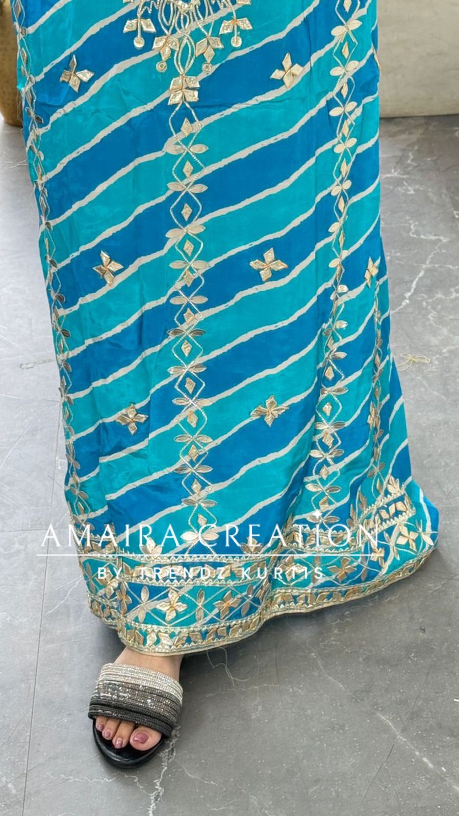 Premium Crepe Firozi Colour Lehriya Pattern Gotta Patti Work Unstitched Suit With Beautiful Silk Dupatta
