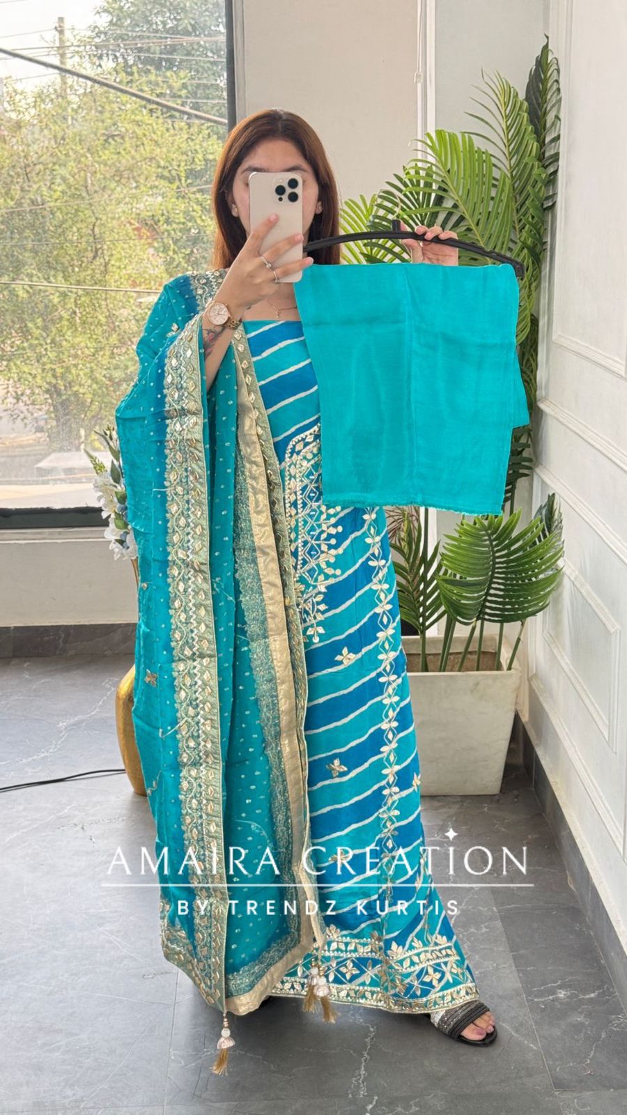 Premium Crepe Firozi Colour Lehriya Pattern Gotta Patti Work Unstitched Suit With Beautiful Silk Dupatta