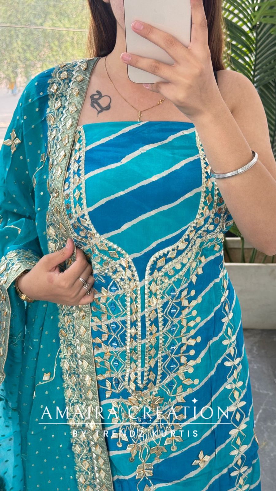 Premium Crepe Firozi Colour Lehriya Pattern Gotta Patti Work Unstitched Suit With Beautiful Silk Dupatta