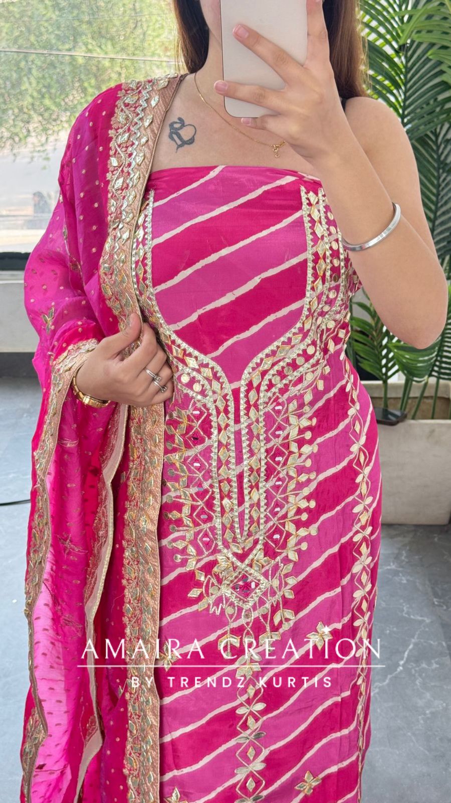 Premium Crepe Hot Pink Colour Lehriya Pattern Gotta Patti Work Unstitched Suit With Beautiful Silk Dupatta